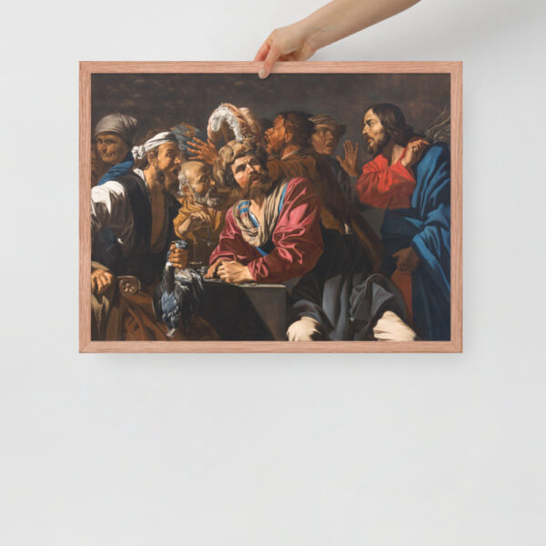 Framed reprint of a religious painting illustrating a biblical story.